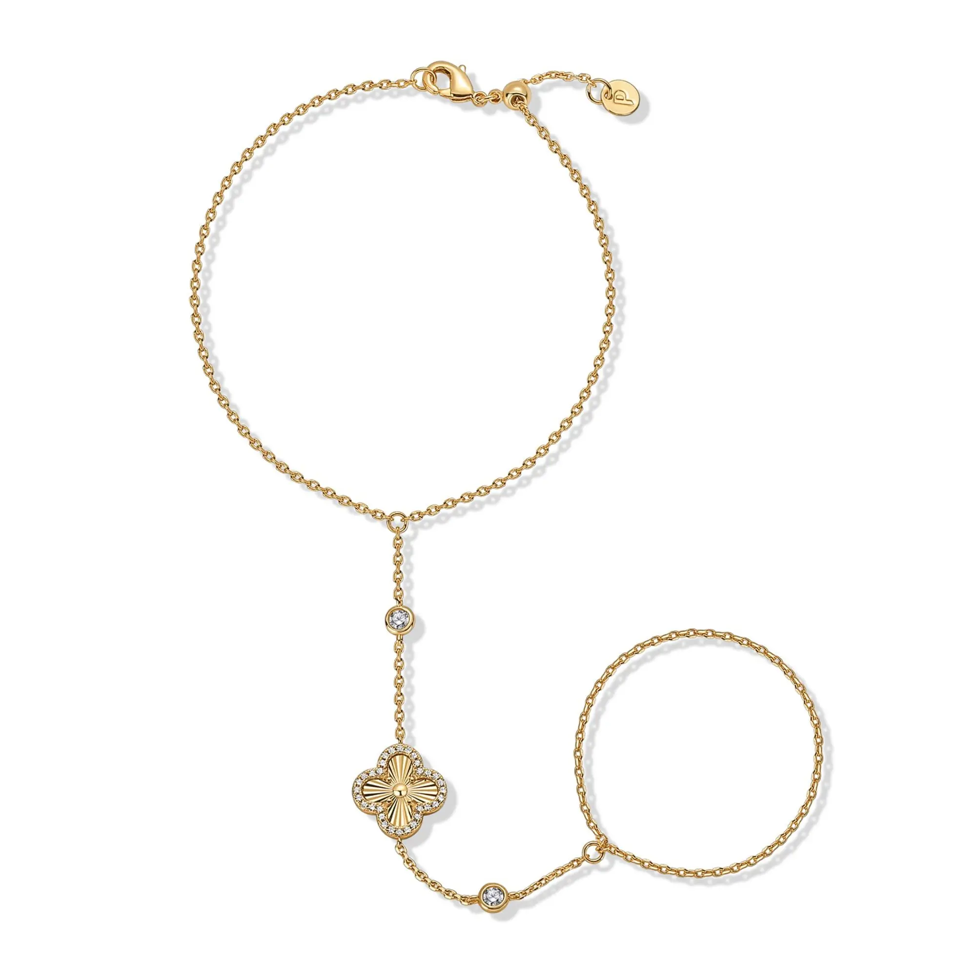 PAVOI Clover Hand Chain Bracelet for Women, 14K Gold Plated Adjustable Ring to Bracelet Hand Jewelry, Four Leaf Clover Cubic Zirconia Bracelet