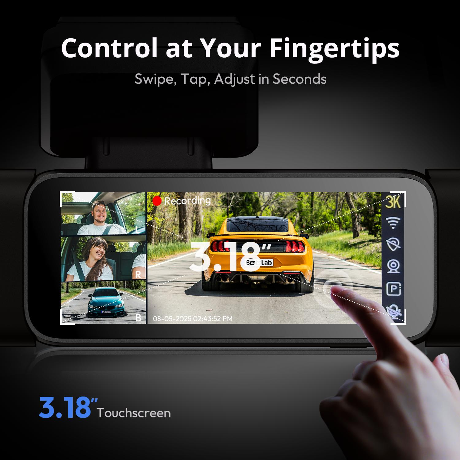 Botslab 3K 4 Channel Dash Cam with 3.18” Touch Screen, 24/7 Parking Mode, Built-in GPS, 5.8G WiFi, Night Vision, Voice Control,No Card, Rear Camera Monitor Touchscreen Dash Cam Hd Automotive Dashcam,car accessories