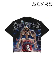 [SKYRS] (180 Pure Cotton T-Shirt) Y2K Style Star Skeleton Graphic And "Godspeed" Letter Print Men's Summer Round Neck Short Sleeve Casual Cotton