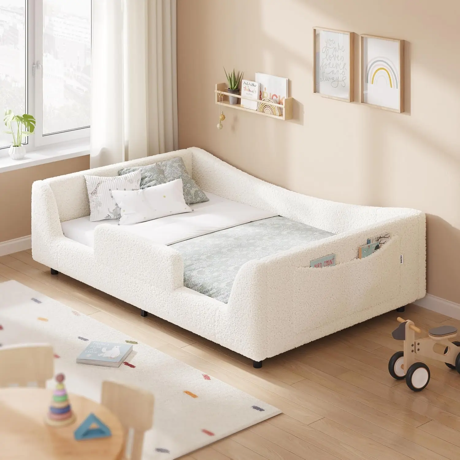 HAUOMS Twin Floor Bed Frame - Low Montessori 2-in-1 Low Platform Bed, Upholstered Teddy Boucle, Curved Round Frame, Slats, High Rails, No Box Spring Needed, Easy Assembly for Kids, Daybed Frame