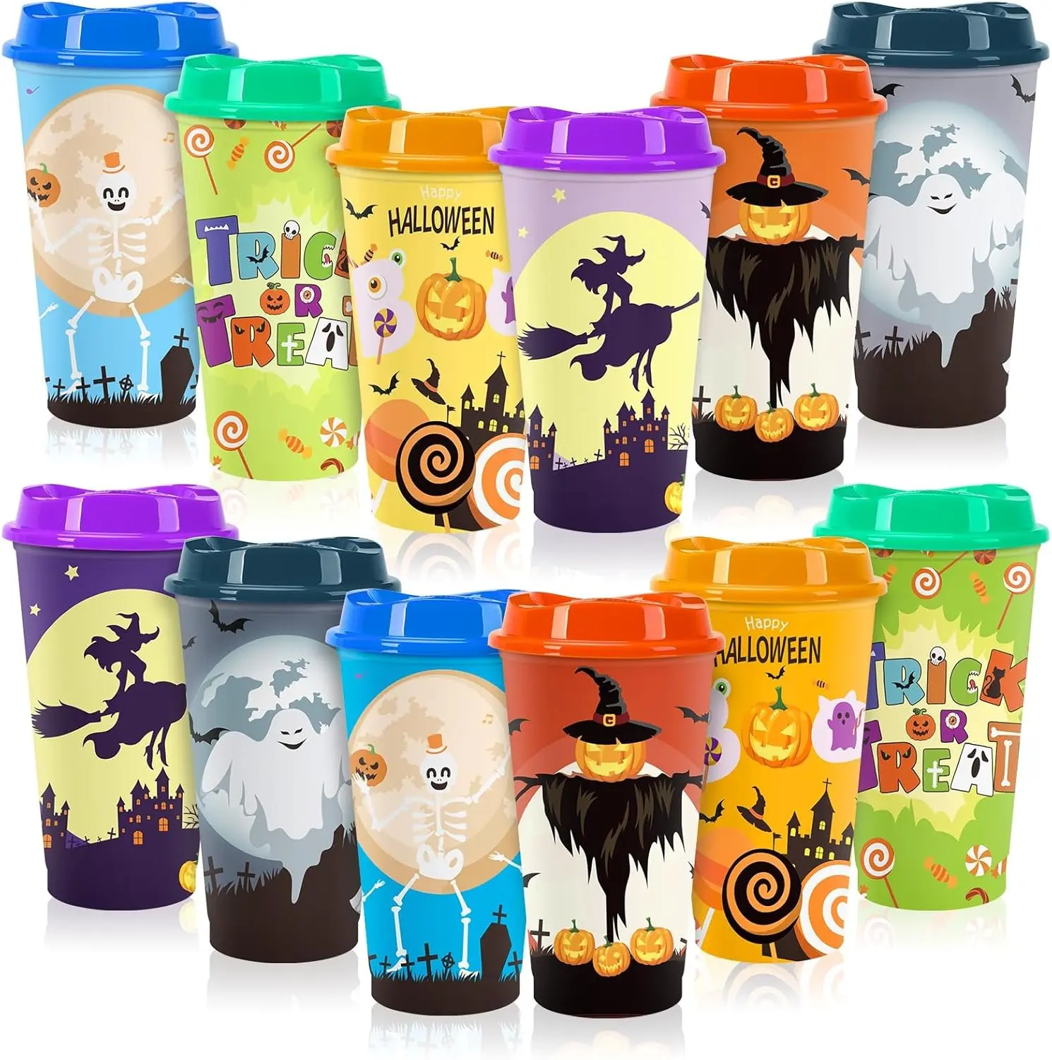 Halloween Fall Gift 12pcs Halloween Color Changing Cups, 16Oz Reusable Plastic Coffee Cups with Lids for Party Decorations Halloween Cups for Party Favors Supplies