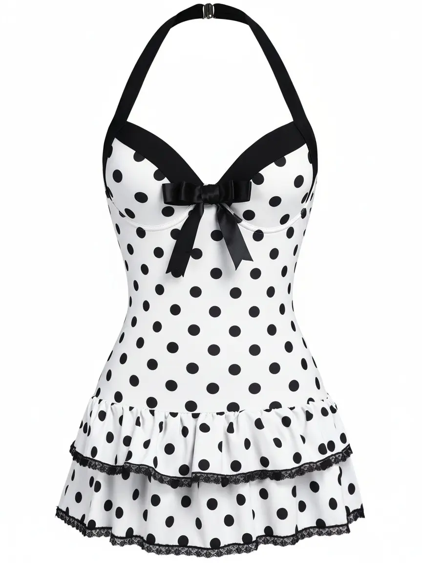 RETRO STAGE Women's 1940s White Halter Polka Dot Bow 1-Piece Swimsuit, Backless Bathing Suit with Ruffled Hem, Vintage Charm & Comfortable Fit, One Piece Swimsuit Bathingsuit BackToSchool