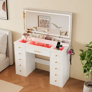 58"W Vanity Set with 11 Drawers, Glass Top with RGB Ambient Lighting, LED Lights, and Large Mirrored Makeup Vanity for Bedroom, Power Outlet, 6 Storage Compartments, 3 Lighting Modes, Bedroom Makeup Table, Valentine's Gift for Girls/Women, White