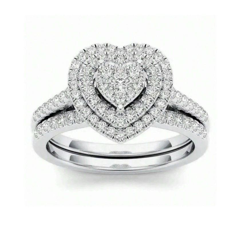 Sterling Silver 925 Heart Shaped Bridal Wedding Rings for Women, Shiny Zircon Silver Rings for Men Adjustable Size Couples Ring Set Daily Inspirational Bible Verse Floating Navel Belly Bracelet Energy Magnet Lucky Charm Gold Plated Wealth Attraction Brace