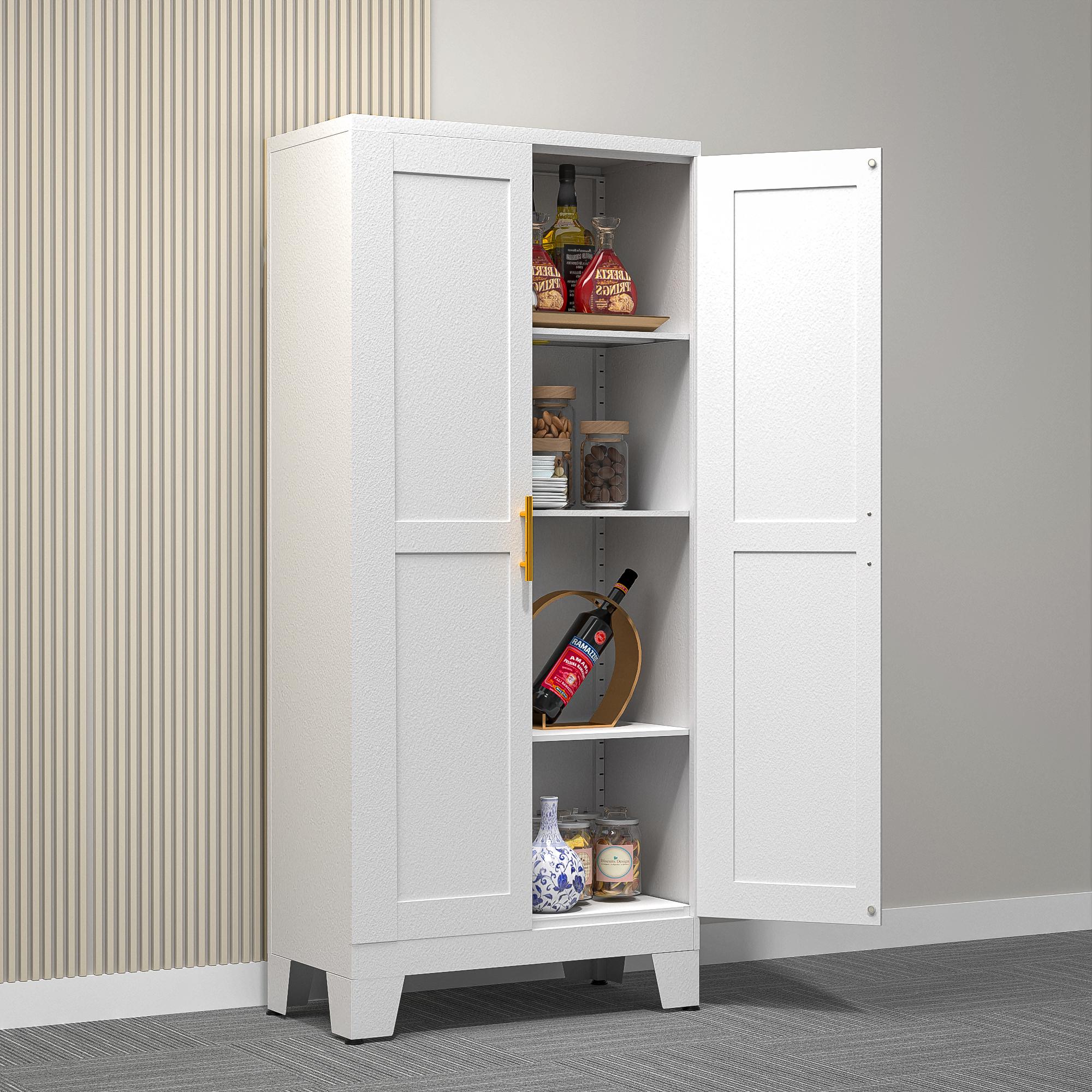 Metal Pantry Cabinet 61" with 2 Doors and Adjustable Shelves Kitchen Storage Cabinet with Gold Handles - Versatile Storage for Kitchen, Bathroom, Dining Room, Utility Room Furniture