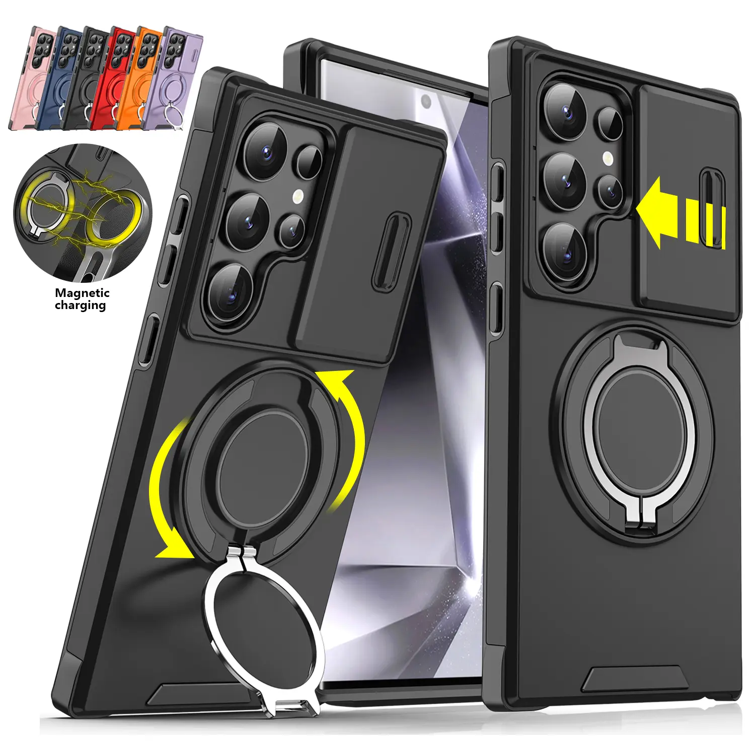 Fogepix Magnetic Phone Case for Samsung Galaxy S25 Ultra, S24 Ultra, S24, S23, S22 Plus - ABS+PC Material, Slide Camera Lens Protection, Rotating Ring Holder, Military-Grade Anti-Drop Shockproof Accessory