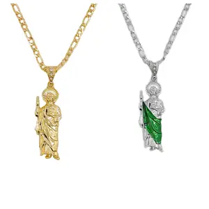 1Pcs Green St. Jude Pendant Necklace, San Judas Tadeo Charm with Figaro Style Chain, Golden/ Green Saint Jude Figure