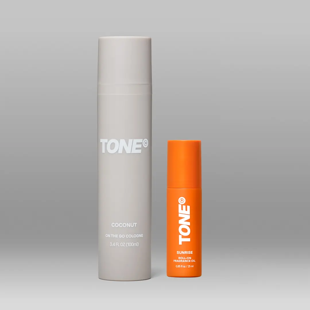 TONE Layering Duo, Coconut On The Go Cologne 3.4 fl oz + Sunrise Roll-On Fragrance Oil 0.85 fl oz, Fragrance Layering Set, Unisex Scent Gift Set for Men and Women, Travel Friendly
