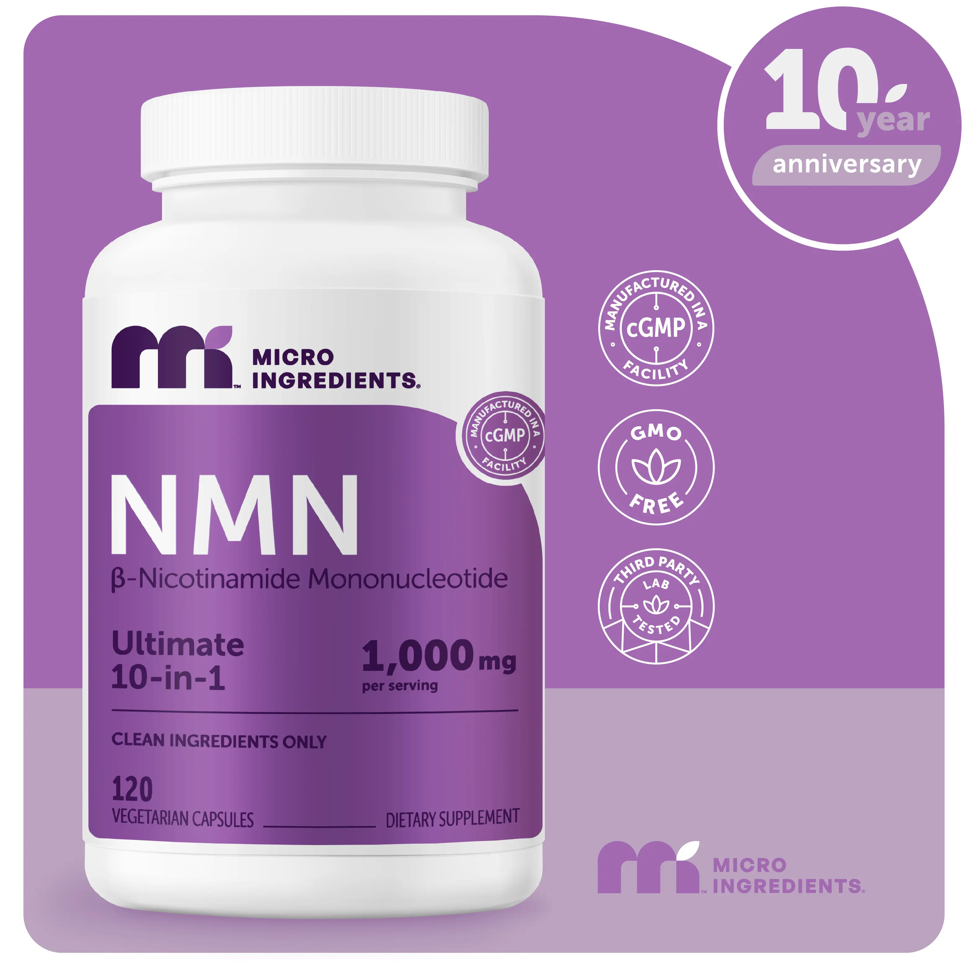 Micro Ingredients NMN Complex 1,000mg Per Serving, 10-1 Complex, Zero Filler, Pure NMN 500mg with Vitamin C, Resveratrol, CoQ10, TMG, Quercetin, & Glutathione | NAD+ Supplement Precursor