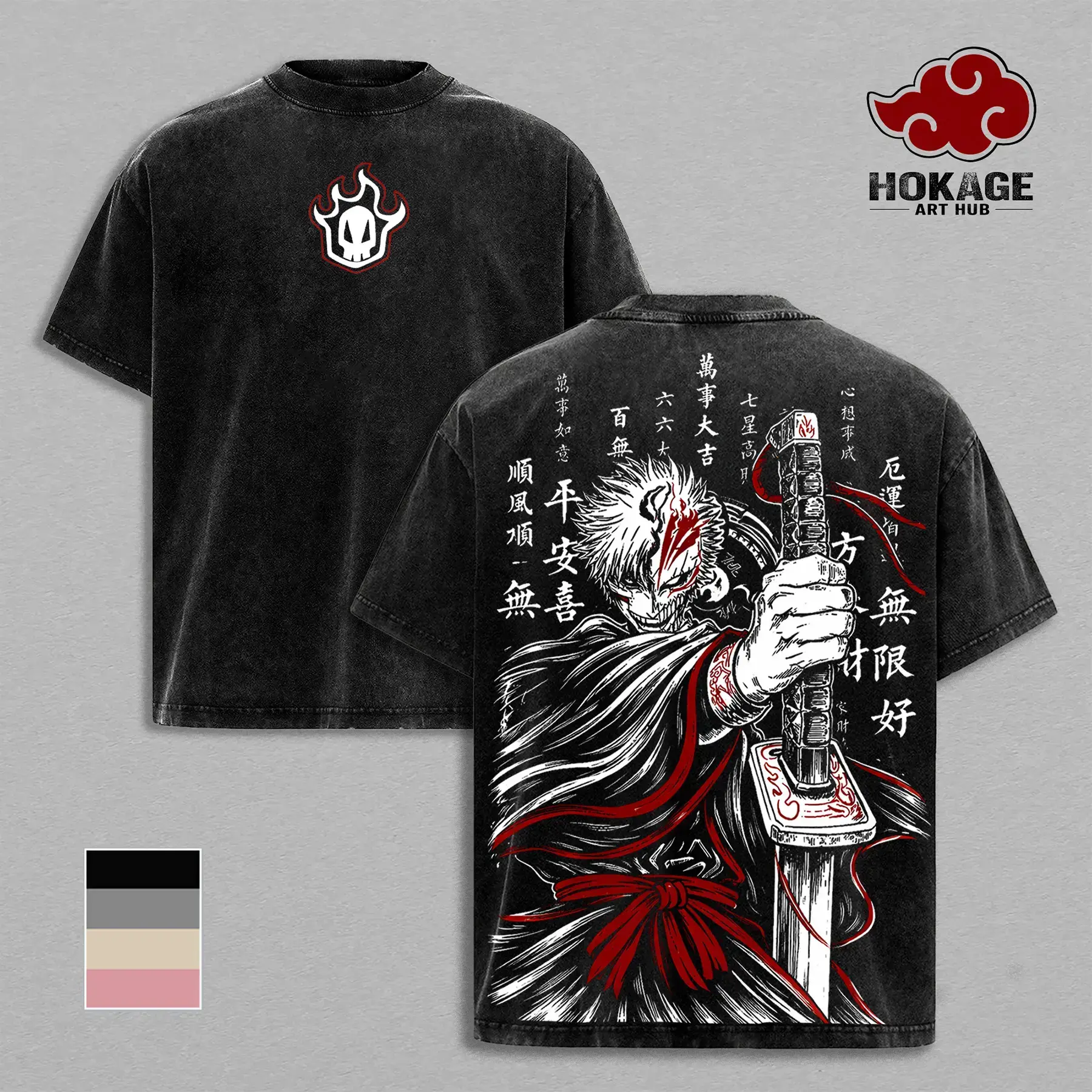 Ichigo Kurosaki Bleach Anime Vintage Washed T-Shirt - Heavy Cotton Oversized Hollow Mask Bankai Sword Graphic Tee for Men and Women, Retro Y2K Streetwear Gym Top, Japanese Animation Manga Merch Essential Apparel, The Perfect Gifts for True Anime Fans