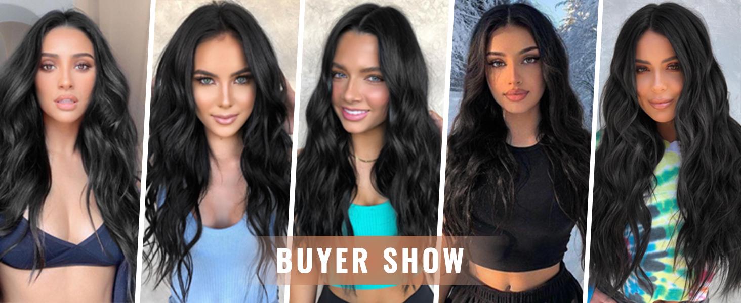Black Wig for Women, Long Wavy Middle Part Synthetic Heat Resistant Wig for Daily Party