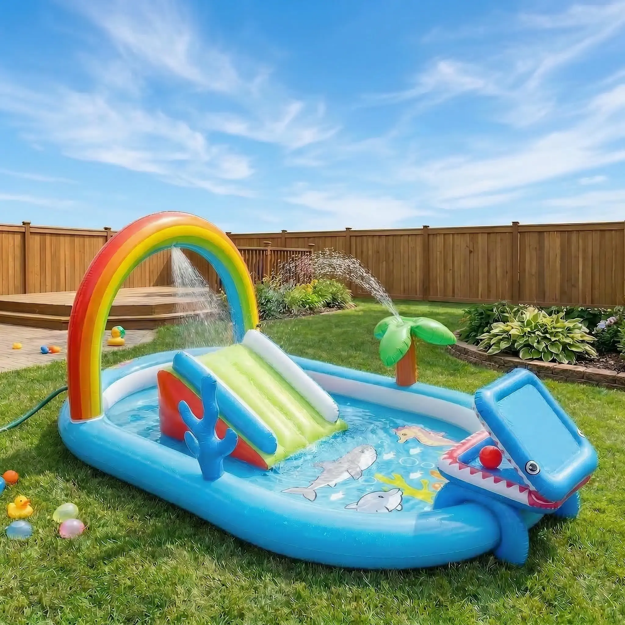 AKEYDIY Toddler Mini Inflatable Splash Pool, 8.2×5.4×3.3FT Heavy-Duty Safe Thick PVC, Ocean Animal Theme Rainbow Coconut Tree Shark Coral, Mini Slide, Ring Toss Games, Backyard Summer Water Play, Ideal Kids Birthday Gift, Summervibes