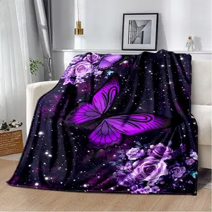 Soft and Cozy Purple Butterfly Floral Print Flannel Blanket Ideal Birthday or Holiday Gift for Women and Girls with Elegant Design