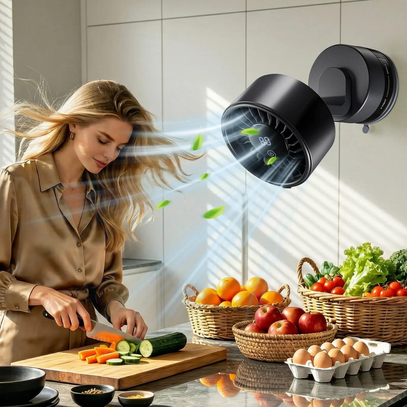 Desk Fan for Bedroom, USB Rechargeable Wall Mount Fan with Suction Cup Base, Digital Display, 6 Speeds, Quiet Oscillating Small Fan, Adjustable Tilt for Office RV Kitchen Bathroom
