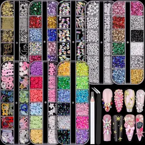 8 Boxes Nail Charms and Gems for Manicure, Flat Pearls Nail Flowers Nail Rhinestones and Charms for Nail Art, Colorful Pearl Nail Charm Nail Bows Multi Shapes Flatback Nail Design Kit Nail Accessories