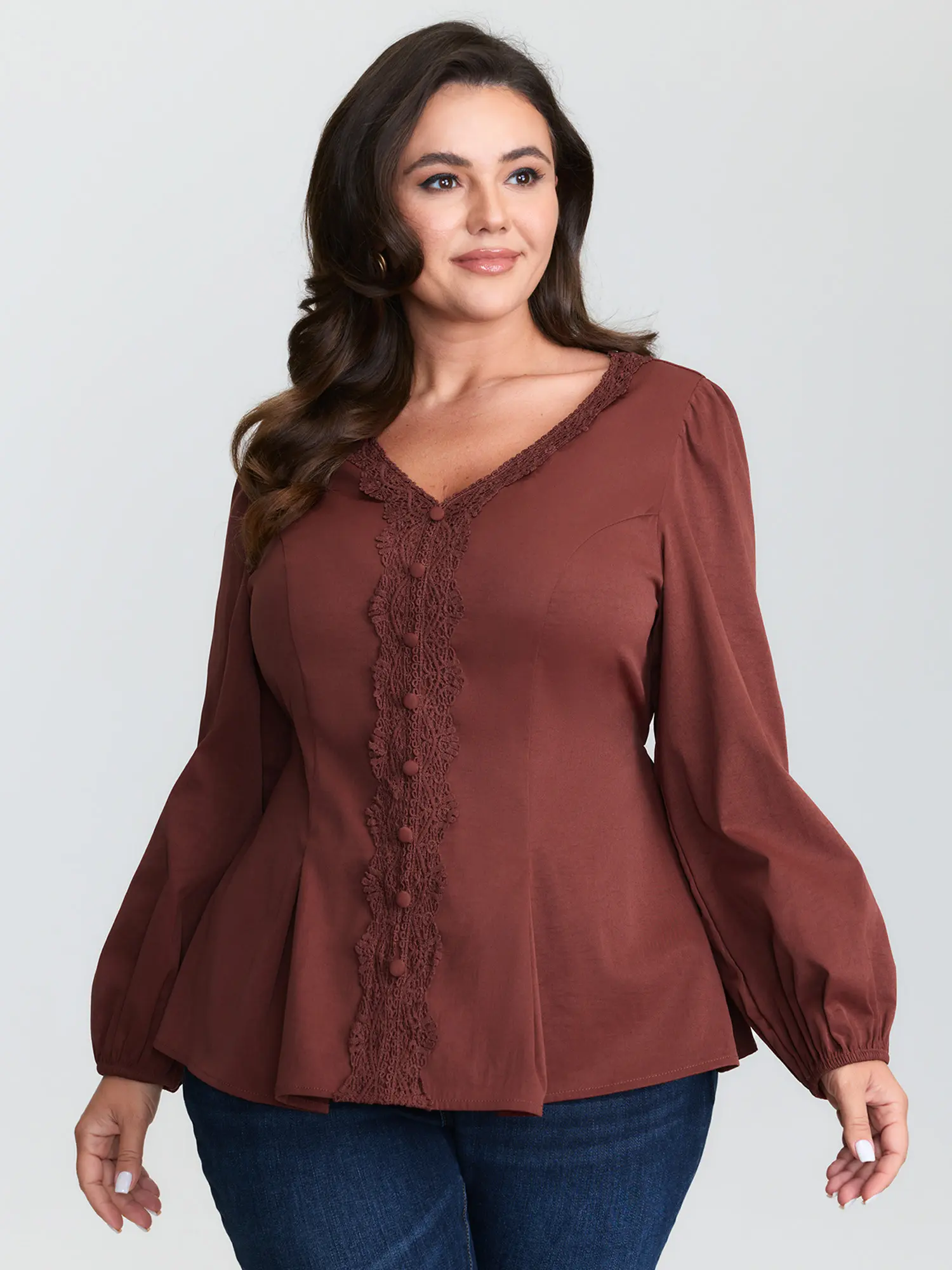 Timeless V-Neck Blouse for Plus Size Women with Textured Patchwork, Lace Trim and Long Lantern Sleeves, Sleeve, Longsleeves, Fit, Shirts, Top, Women's Clothes, Plus Size Tops, Modest Fashion, Regular Length, Textured Fabric