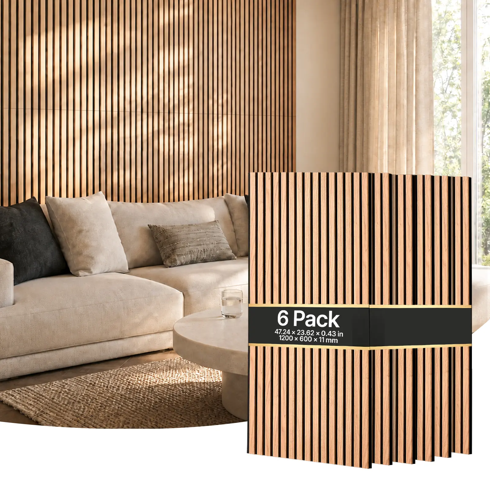 VEVOR Rectangular Acoustic Slats, 47.2x23.6in Walnut Wood Wall Panels, MDF & PET Sound Absorbing for Indoor Living Rooms, Offices, Interior Decor, Screw Kit Included, 6-Pack#BacktoSchool, 6-Pack Box