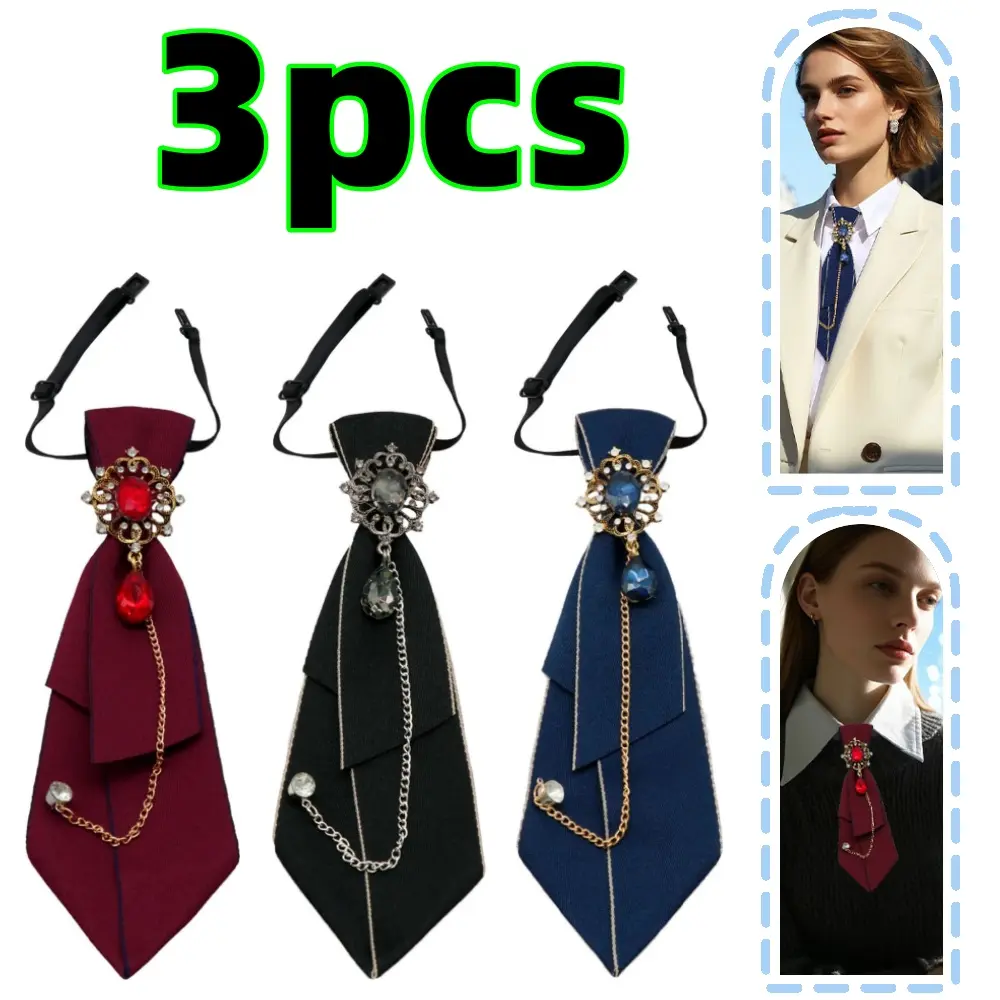 3 pcs Rhinestone Womens Tie Pre-Tied Neck Tie Adjustable Crystal Bowtie with Metal Chain for School Party Work Prom