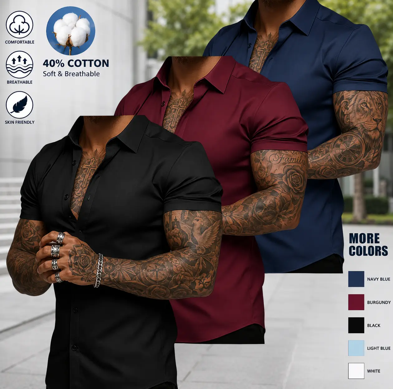 3 Pack Men’s Slim Fit Short Sleeve Button Up Shirts – Stretchable, Wrinkle Free, Moisture Wicking for Everyday Wear