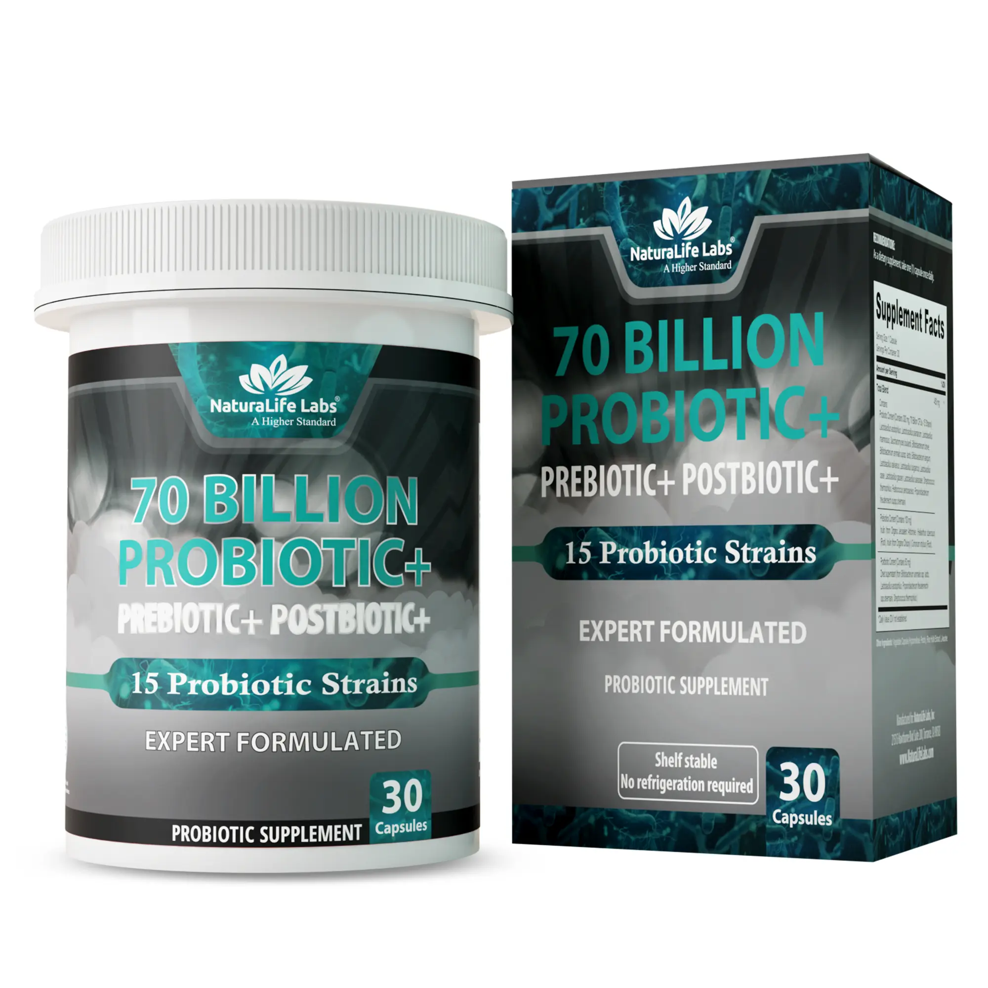 NaturaLife Labs Probiotics 70 Billion CFU – 15 Strains with Organic Prebiotic & Postbiotic – 3-in-1 Formula – 30 Vegan Capsules