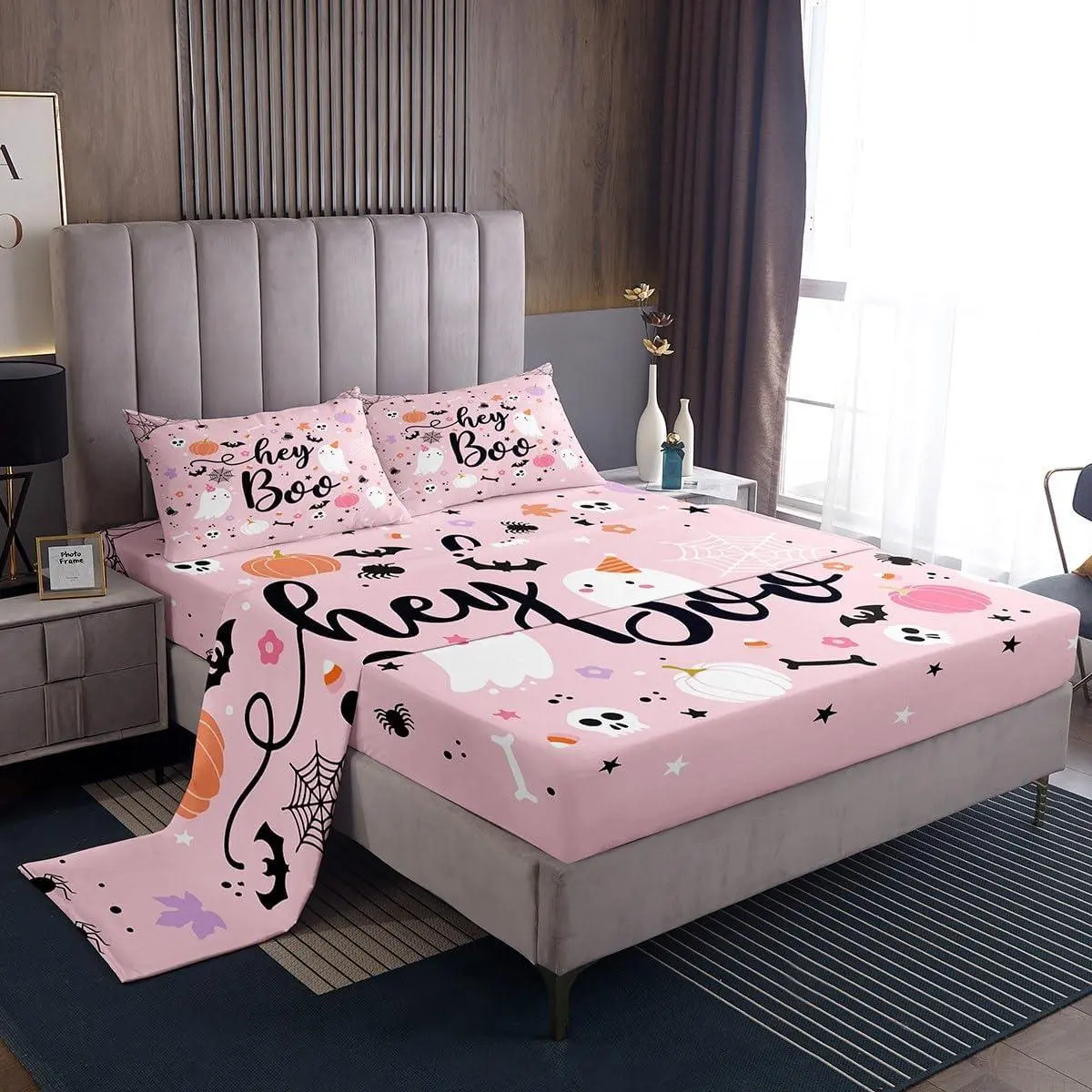 Feelyou Halloween Gothic Bedding Set with Deep Pockets - Pink Ghosts Skulls Spiders Bats Pumpkins, Fitted Sheet, Flat Sheet, Pillowcases, Machine Wash for Spooky Fun