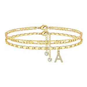 2 Pieces Fashion Geometric Letter A Double Layer Stacked Ankle Chain for Women Exquisite Chain Letter Pendant Anklet for Daily Wear