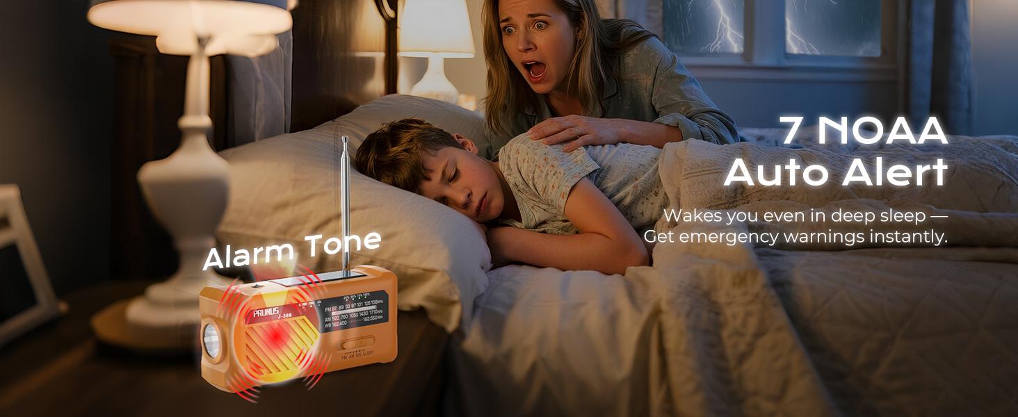 PRUNUS J-366 Emergency Radio with 3 Charging Cables, NOAA Weather Alert, 7400mWh/Solar/Hand Crank/ USB-C Charging, Battery Operated , WB/AM/FM, SOS Alarm, Flashlight, Compact for Bag