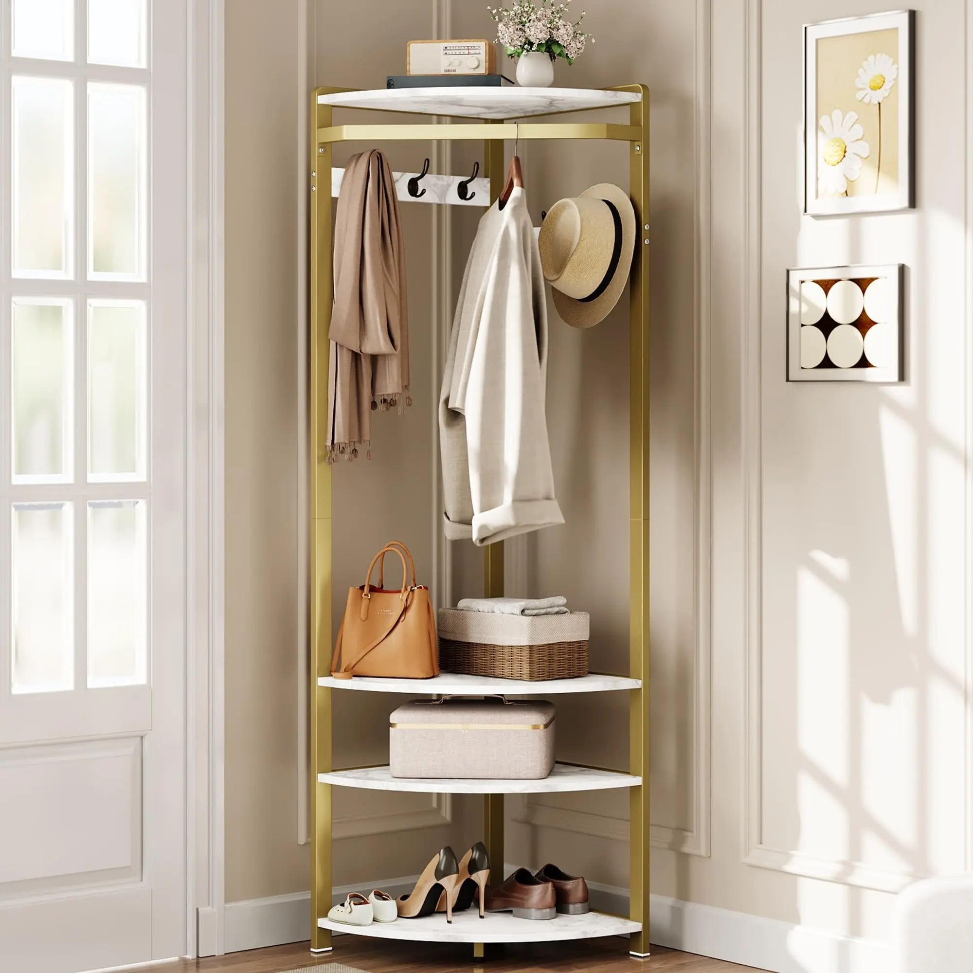 Corner Coat Rack with Shoe Bench Entryway,Corner Hall Tree with 6 Double Hooks,Corner Clothes Rack with Storage Corner Tree for Hallway, bedroom Closet,White
