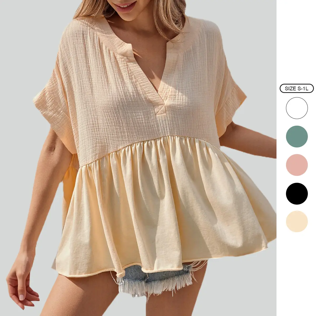 Imily Bela Womens Summer Babydoll Tops V Neck Short Sleeve Pleated Flowy Shirts Casual Loose Fit Peplum Blouse