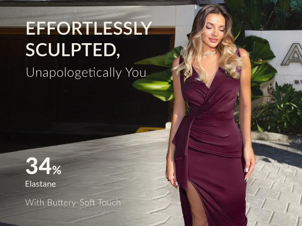 CurvySweet Women's Sleeveless V-Neck Bodycon Midi Dress with High Slit & Wrap Hem for Weddings Cocktail Parties & Evening Events Elegant Minimalist Fit Style SpringStatements