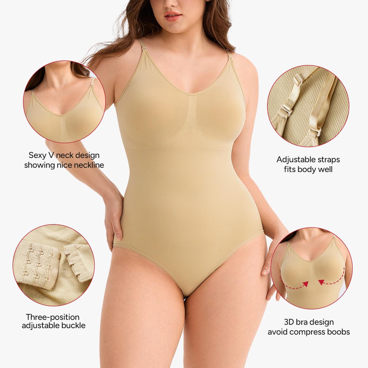 【LIVE】Nebility Women's 3-Piece V-Neck Shapewear Set - Seamless Bodysuit & Camisole, Basic Minimalist Style with Tummy Control & Hip Lift Womenswear