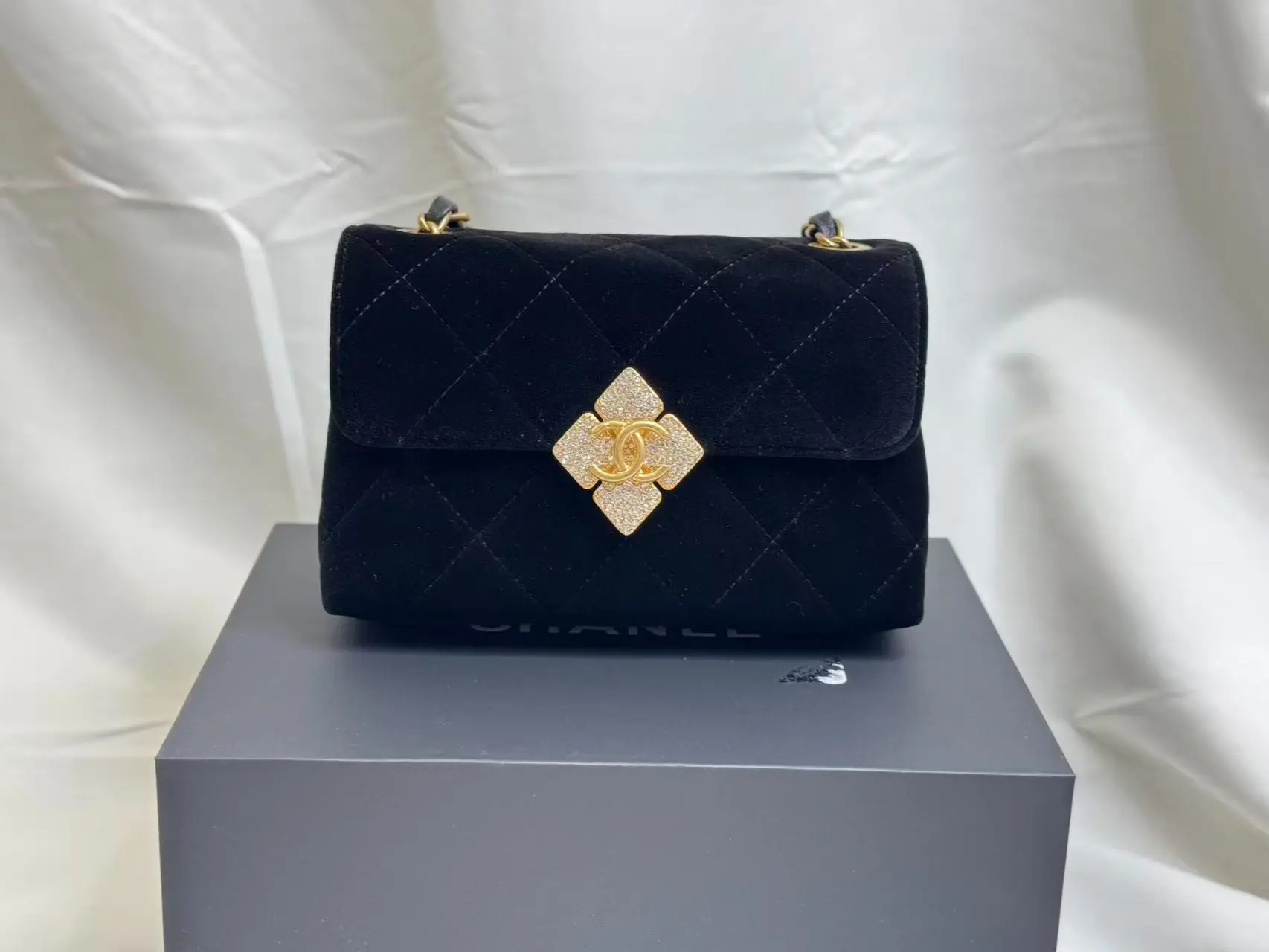 Pre-owned CHANEL velvet Crossbody Bags Diamond Lock CC Flap Bag Quilted with Crystals Mini