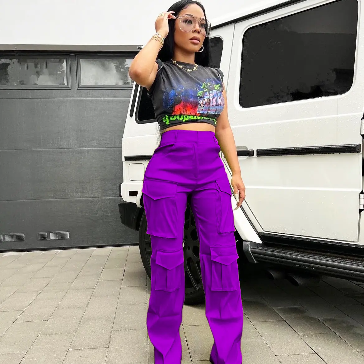 Women High Waisted Satin Cargo Pants Wide Leg Casual Pants Multi Pockets Straight Trousers Multi-pocket cargo pants Suitable for street style, dates, work, vacations, parties, etc