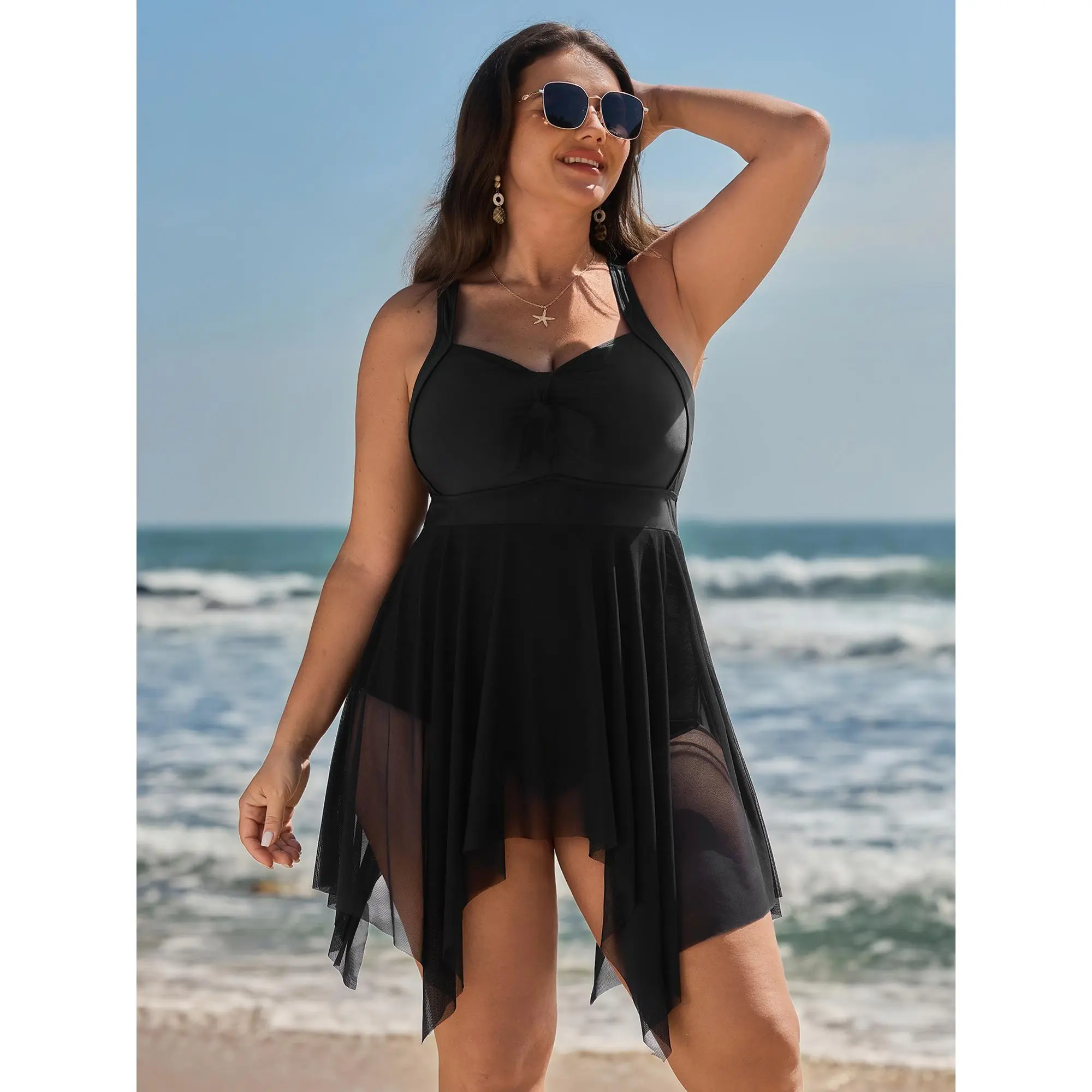 【Tummy Control】BLOOMCHIC Plus Size Mesh Knotted Front Adjustable Swim Dress [M-6X]Swimdress,Summerfinds