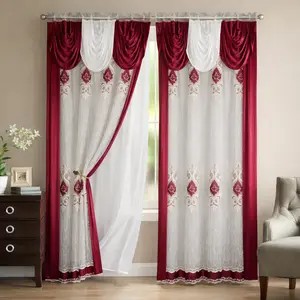 Burgundy Red 1pc Elegant Sheer Curtains 84"x54" with Draped Valance, Luxury European Classic Window Drapes for Living & Bedroom, Fresh Olive Green Panels, Soft Light Filtering, Airy Home Decor