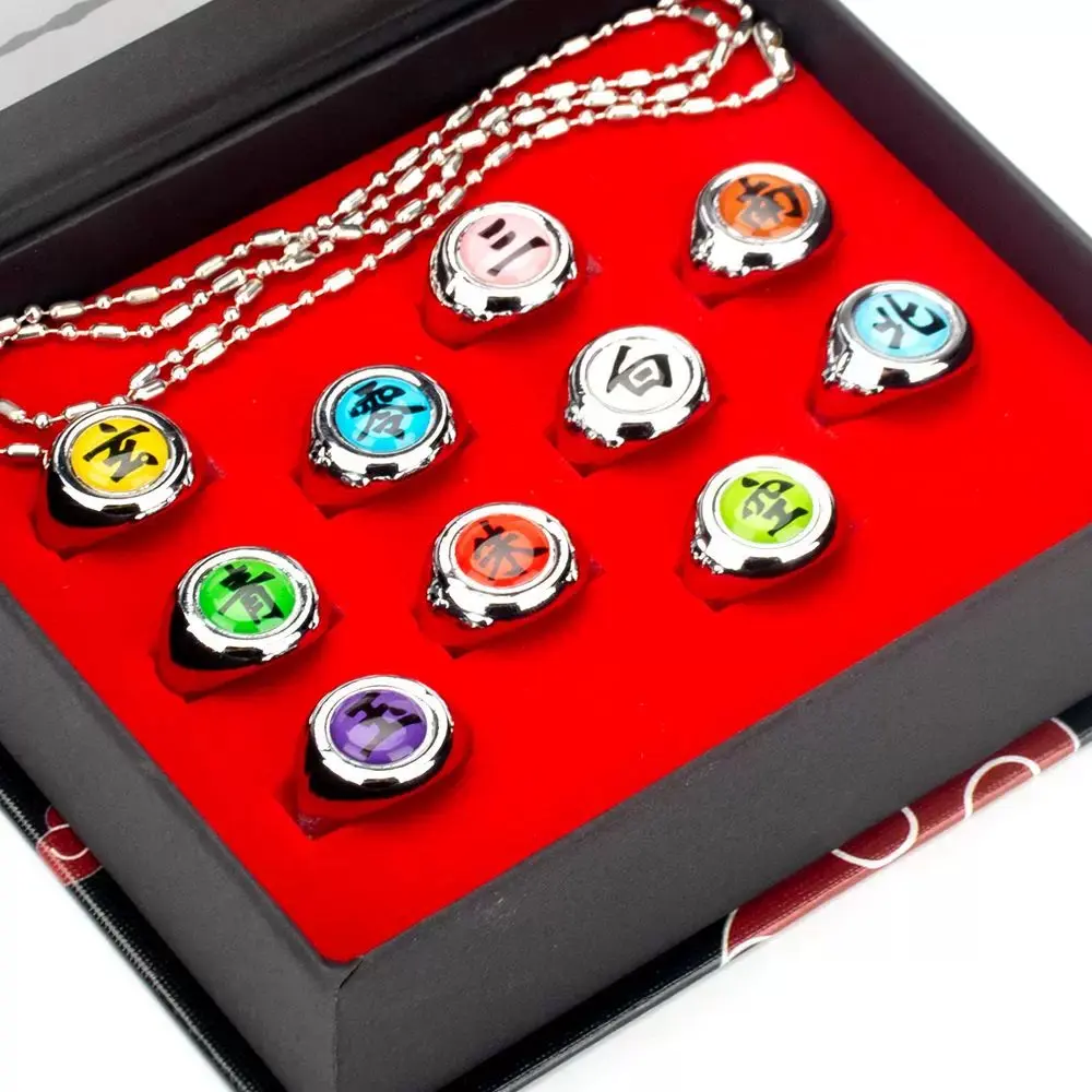 Unisex 10-Piece Adjustable Costume Ring Set - Naruto Akatsuki Symbol Metal Detailed Rings, Anime Enthusiast Fan Gift Cosplay Jewelry