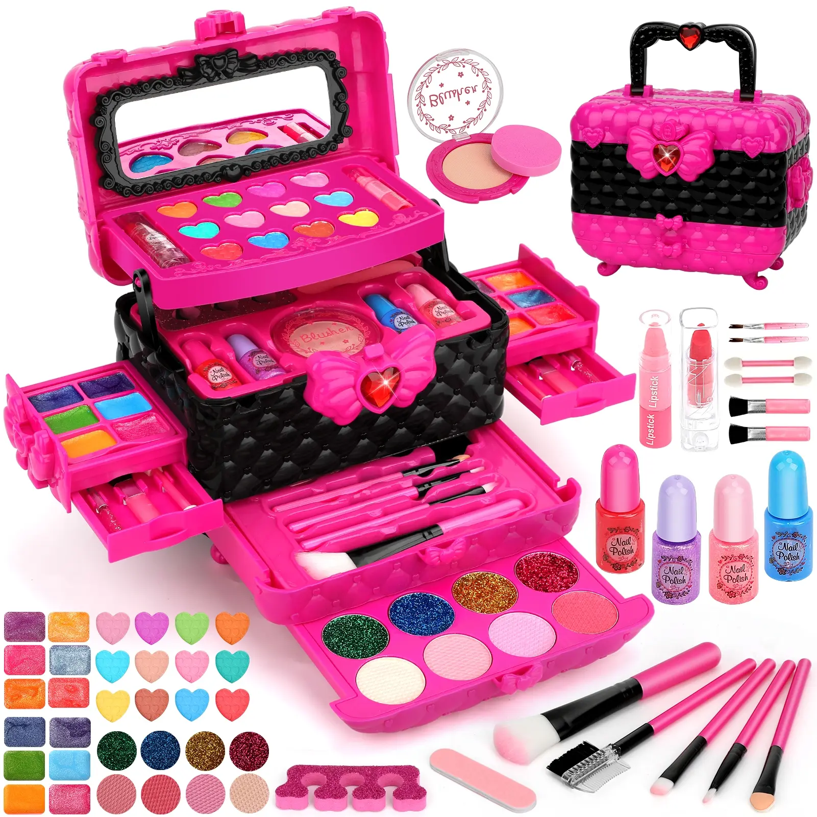 54 Pcs Kids Makeup Kit, Non-Toxic Washable Real Makeup Toy Set for Girls, Princess Pretend Playset, Beauty Roleplay Toys, Perfect Birthday Party, Holiday & Christmas Gift for Girls Ages 3-12 (Rose Black)