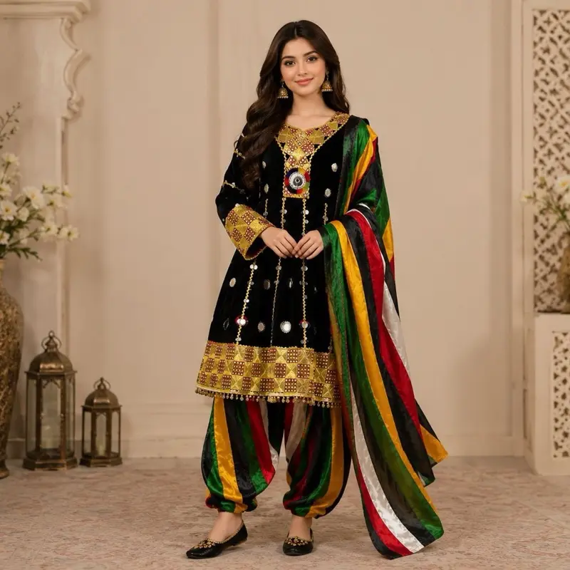 Premium Afghan Traditional Black Velvet Dress – Elegant Mirror Work & Vibrant Multi-Color Cultural Salwar Suit (3-Piece Set)