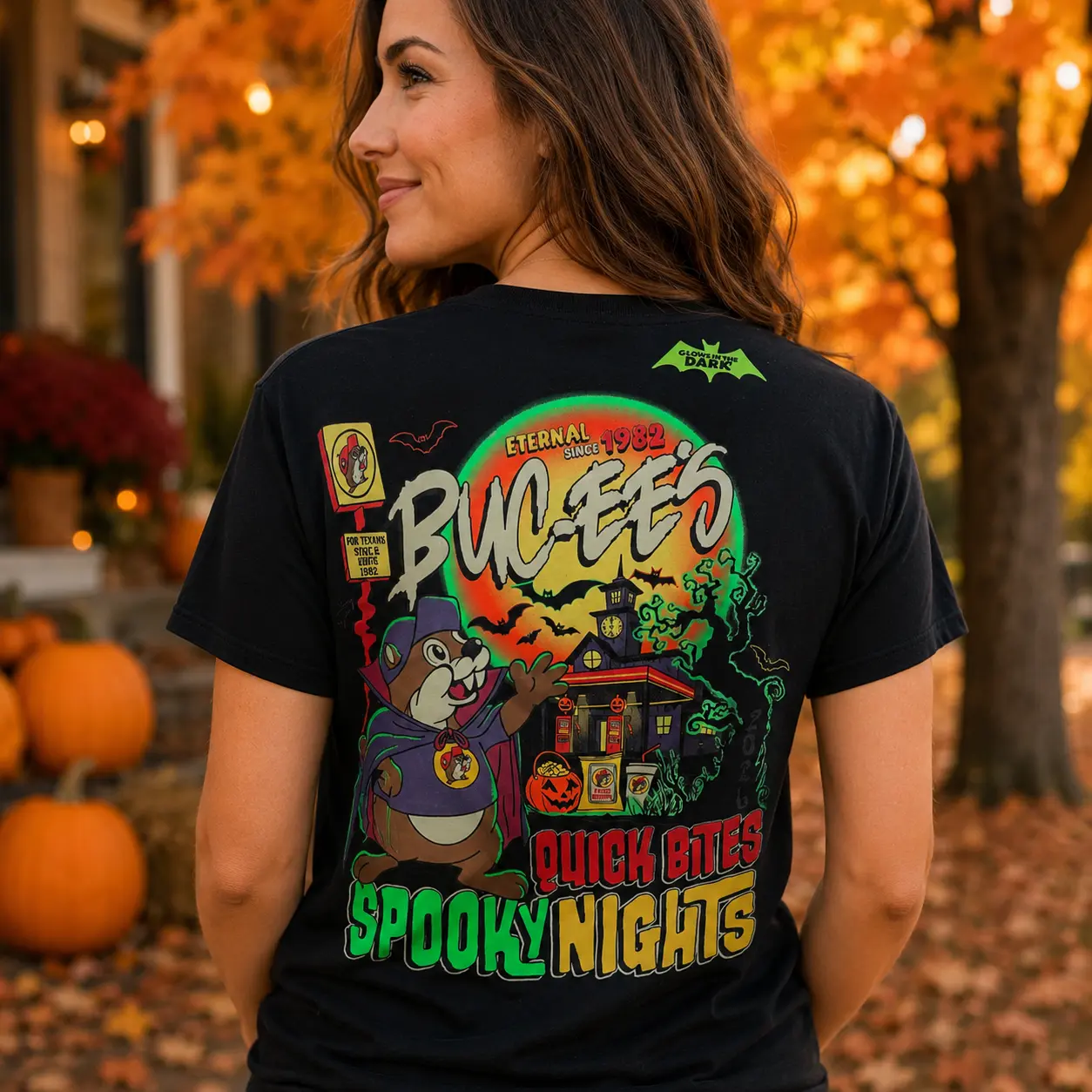 Authentic Buc-ee's New 2026 Halloween "Quick Bites and Spooky Nights" Glow-in-the Dark, Soft, Breathable Cotton Top with Festive Spooky Season Shirt gift