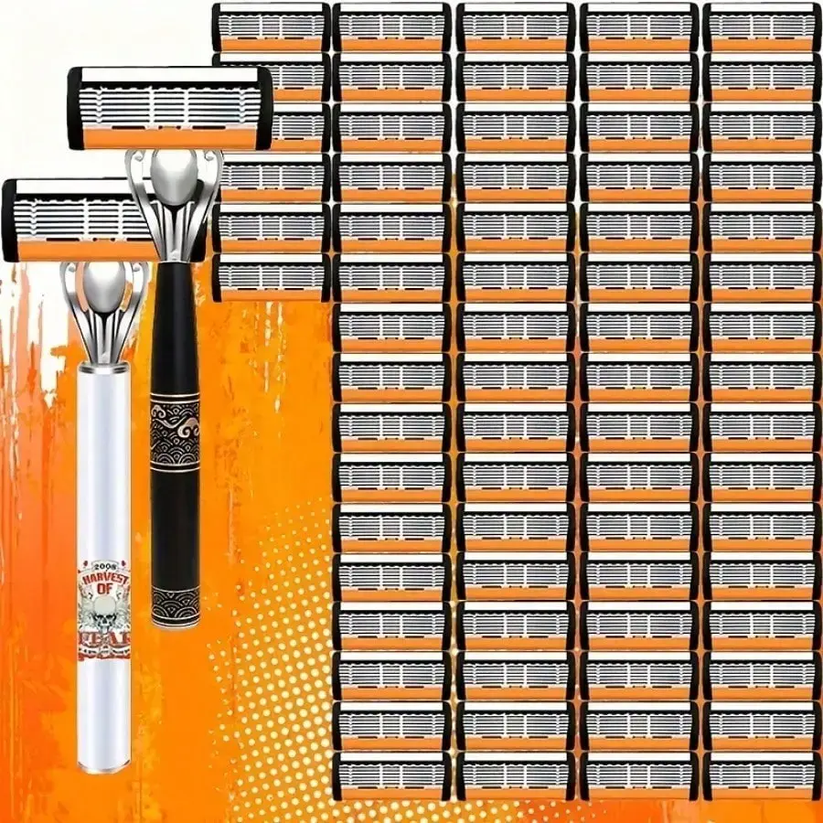 Men's Manual Shaver Straight Razor Kit - 72 Stainless Steel Single Blades, 2 Handles, Daily Refill Pack for Barber Use, Smooth Shave Double Edge Razors, Straight Blade Razors