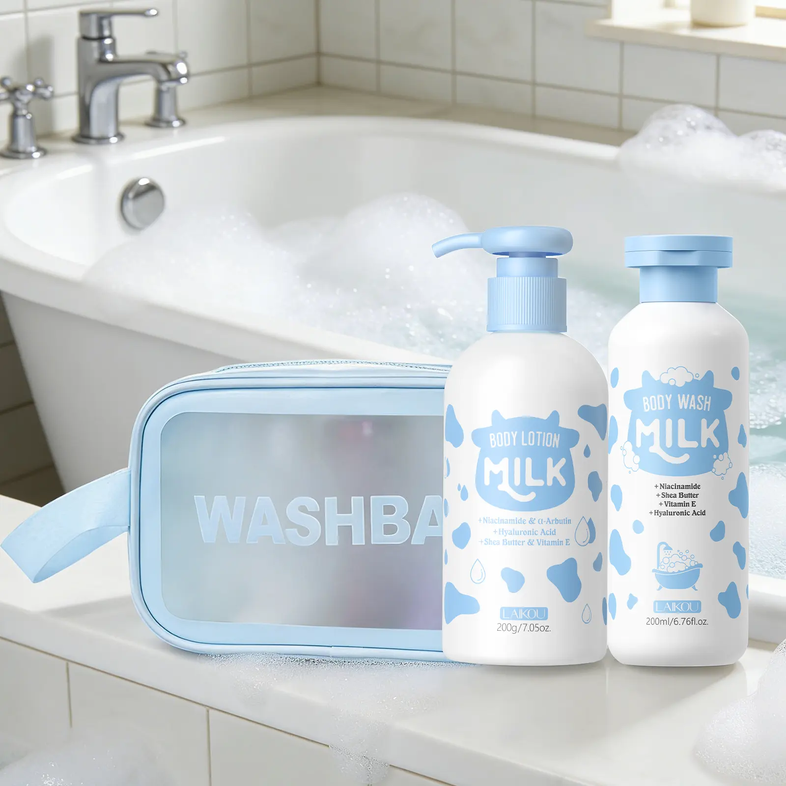 LAIKOU Milky Body Care Set - Milk Cleanser & Hydrating Moisturizer, Gentle Cleansing, Long-Lasting Moisture, Non-Greasy Fast-Absorbing, for Soft Smooth Skin, Milky Body Balm, 200G, Hydration Boost