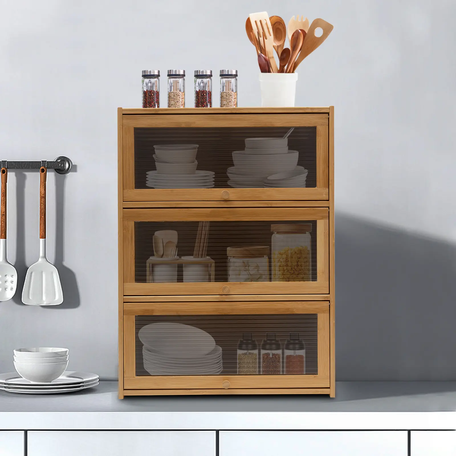CNCEST 3-Tier Natural Bamboo Rectangle Storage Cabinet - Sealed Dustproof Indoor Cupboard with Acrylic Doors, 176 lbs Load-Bearing, 15 - 20 Kg Capacity, 20.5*9.8*27.5in Minimal Modern Compact Shelves for Kitchen Organization (Requires Assembly)