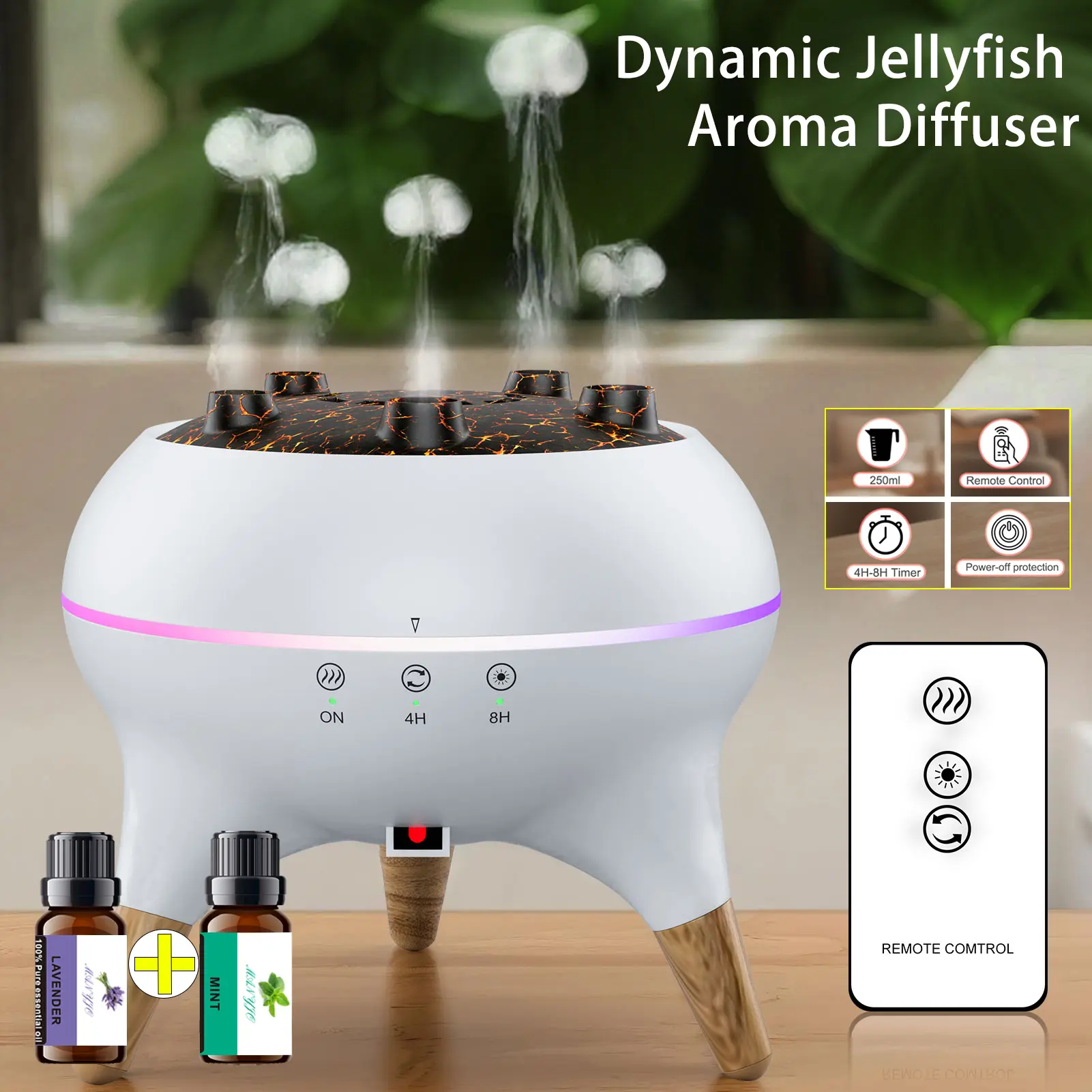 New dynamic multi-spray aromatherapy machine desktop flame humidifier household large fog colorful light remote control aroma diffuser Jellyfish Aroma jellyfish  diffuser Multifunction  Gifts and Presents,back to school,back to school haul