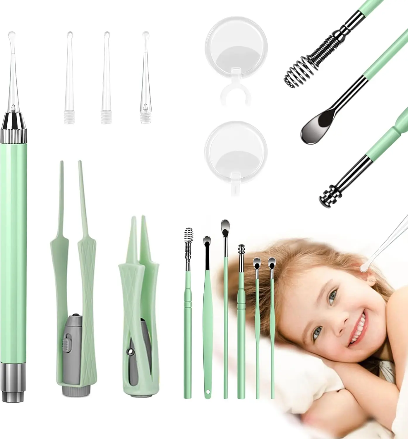 Halloween Fall Gift 15 Pack Ear Wax Removal Tool Kit with Light - LED Ear Cleaning Kit, Ear Wax Removal for Kids and Adults, Ear Cleaning Tool, Ear Picker Spoon & Ear Tweezers & Spiral Spring Ear Spoon Green