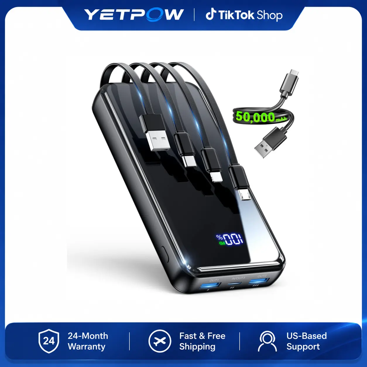 Portable Charger, 50000mAh Power Bank with 4 Built-in Cables, 22.5W PD Fast Charging, 6 Outputs and 2 Inputs, LED Display External Battery Pack, Portable Phone Charger for iPhone Android Travel Camping,JM4Pro Smartphone Chargeable tiktokshopbacktoschool