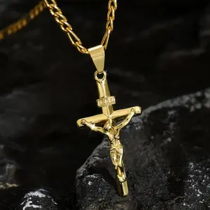Men's vintage Jesus cross pendant necklace with a smooth chain, religious jewelry, Easter gift, Valentine's Day gift