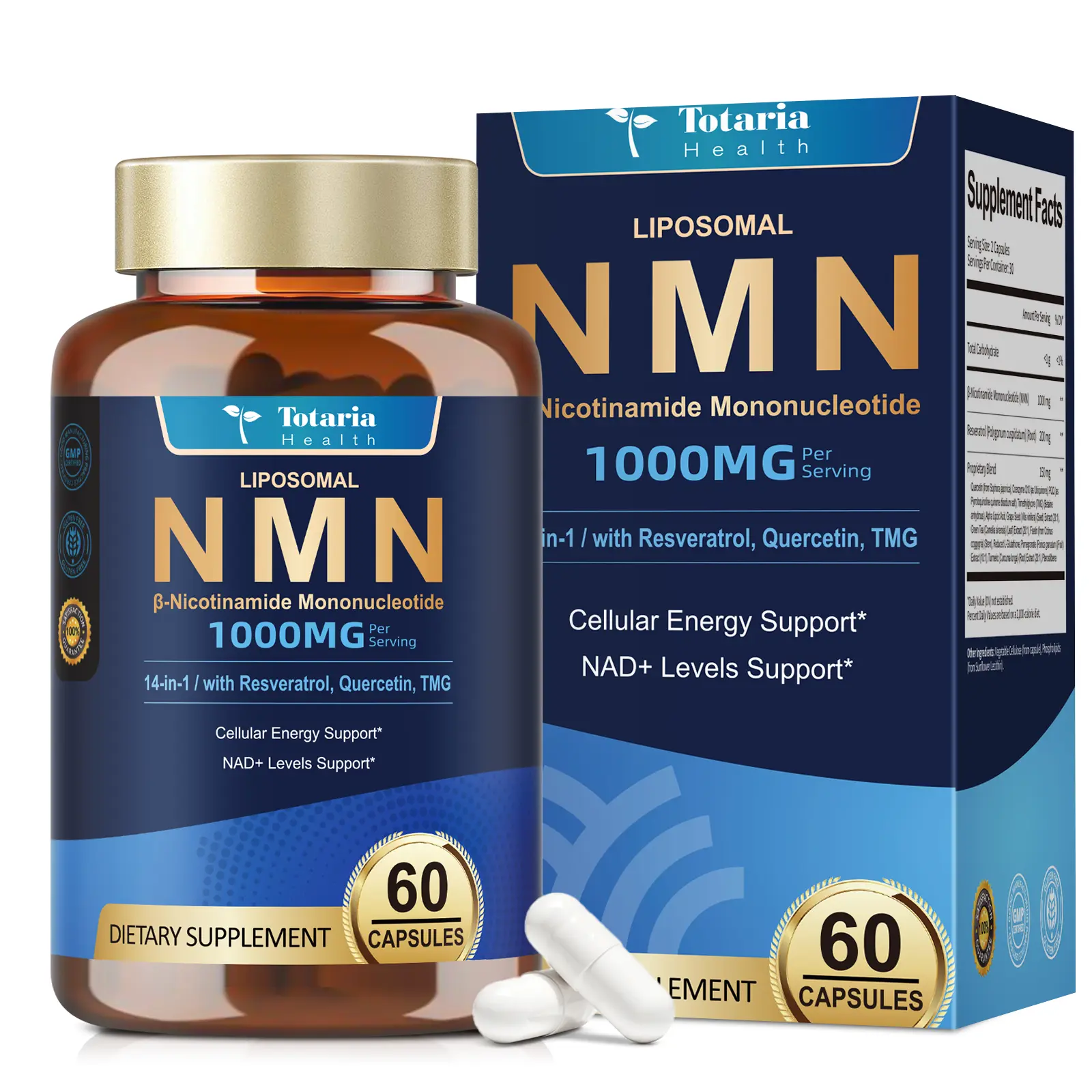 Totaria Liposomal 14-in-1 NMN Dietary Vitamin Supplement 1000mg, with CoQ10 Antioxidants, TMG, Quercetin, ALA, PQQ, Natural Anti-Aging Nutritional Support for NAD Levels, Cellular Energy, 60 Capsules