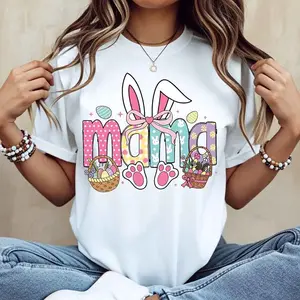 Easter Mama Bunny T-Shirt, Cute Bunny Ears Basket and Paw Print Graphic Tee for Spring Celebration, Gift for Mom