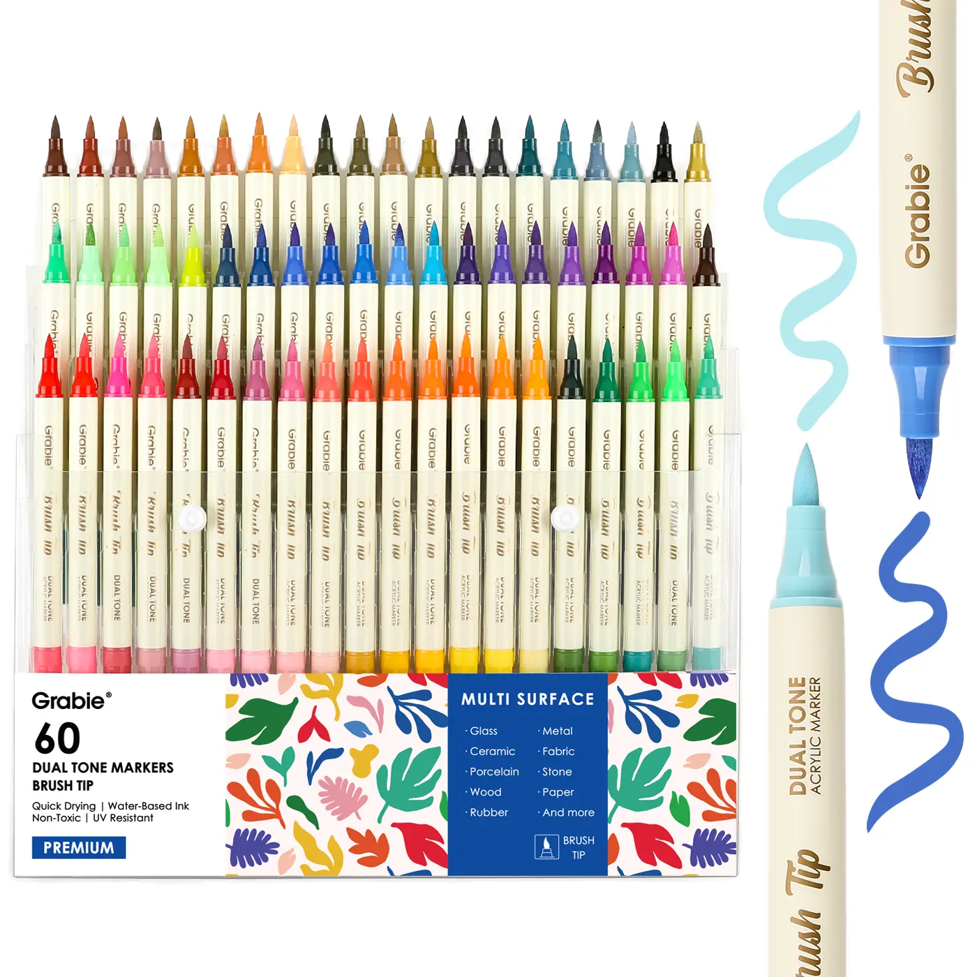 Grabie Dual Tone Brush Tip Acrylic Paint Marker Set of 60, Painting Supplies, Acrylic Paint Pen, Back to School, Class Reward Gift Idea