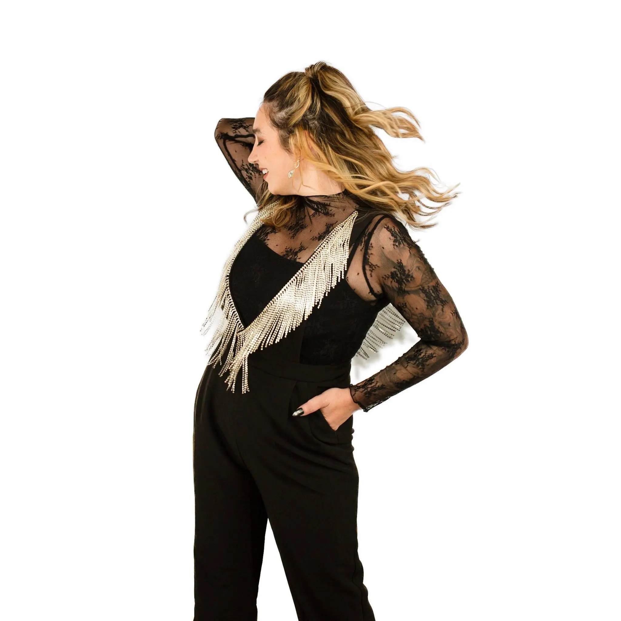 Hanging Rhinestone Tasseled V-Neck Jumpsuit